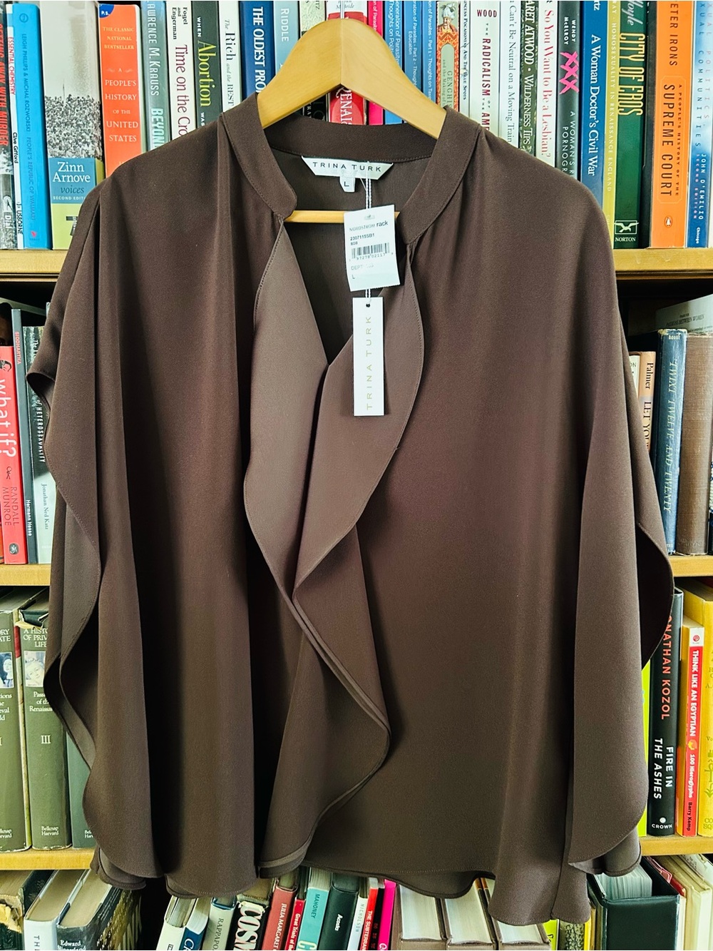 Trina Turk NWT Brown Tompkins Ruffle Crepe Boxy Square Top Blouse, size L - Picture 2 of 8